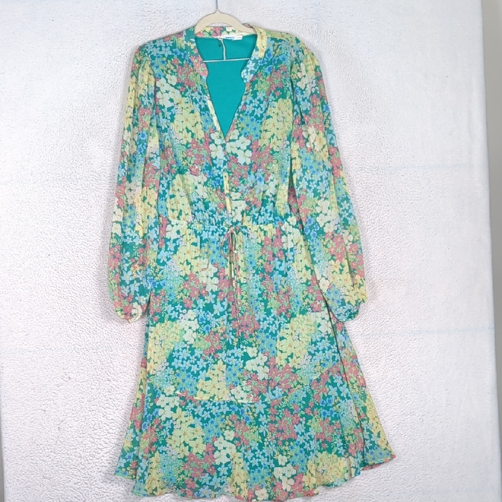 Lush Floral Long Sleeve Teal, Yellow & Pink Midi Dress